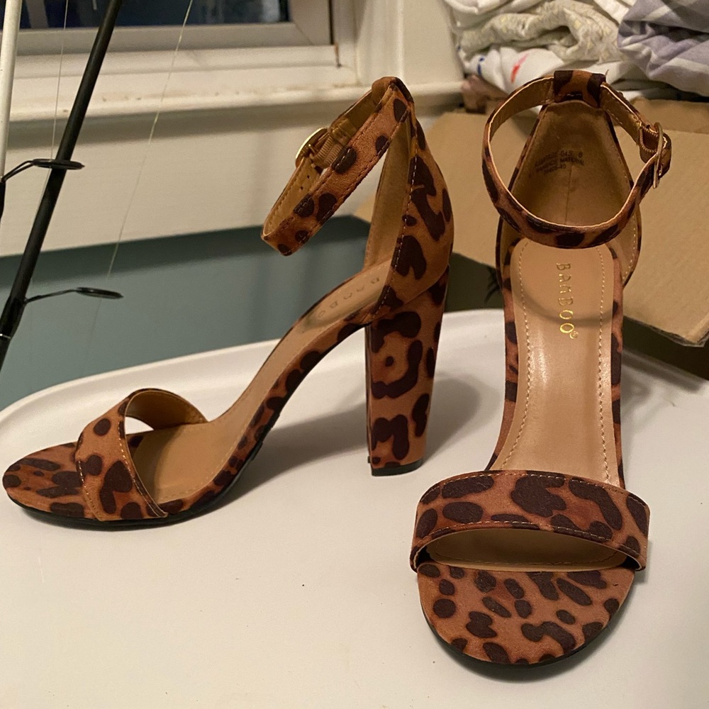 Strappy leopard block heels